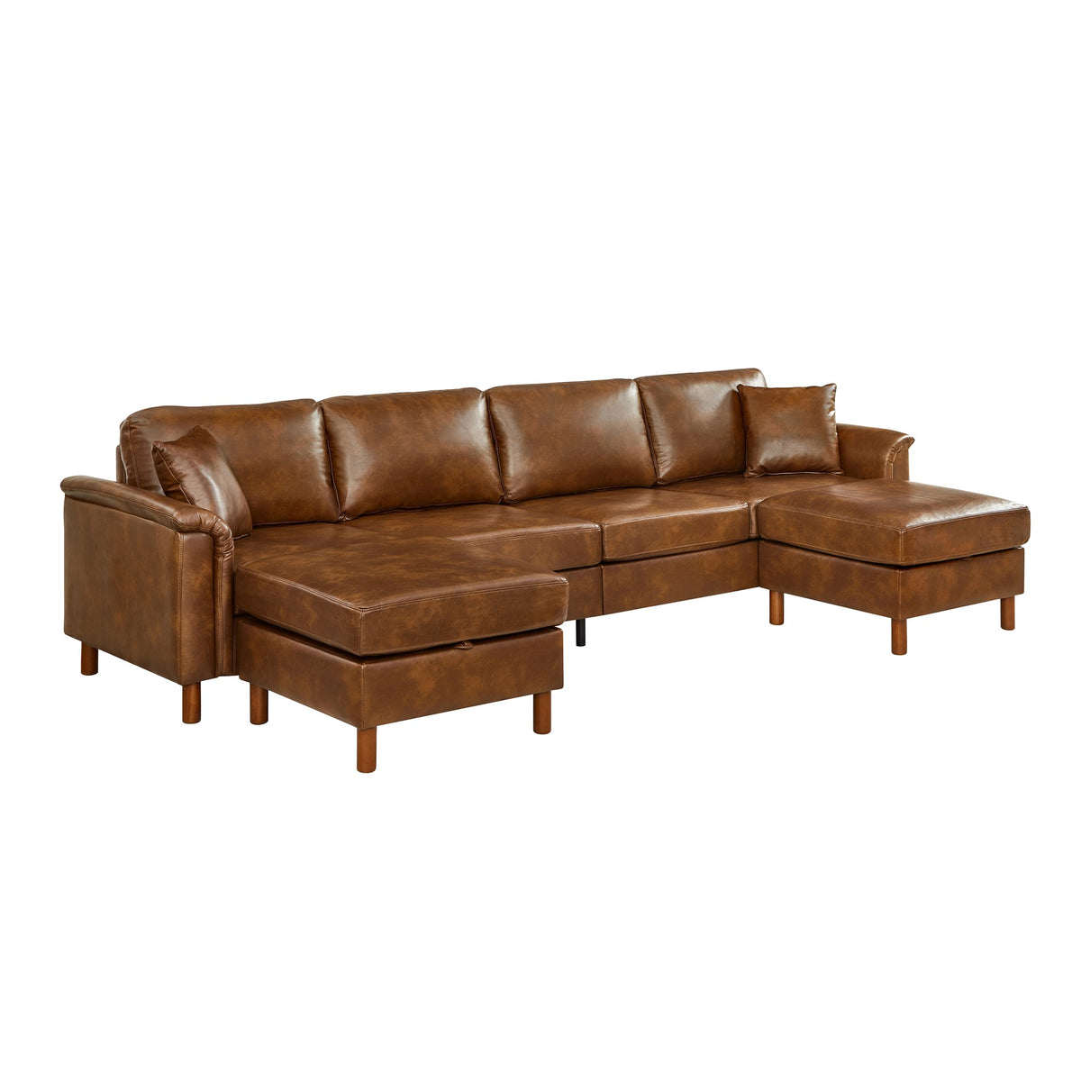 120" Sectional Sofa with Two Removable Storage Ottomans,Upholstered Breathable PU Leather Sectional Couch,Faux Leather Sofa,Vintage Brown