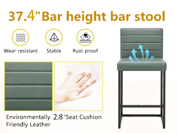 25.6 Inch Counter Height Bar Stools Set of 2 with PU Cushion and Back Modern Bar Chairs for Kitchen Island Counter with Metal Leg for Restaurant Dining Room Office, Green and Black.W2920P462102