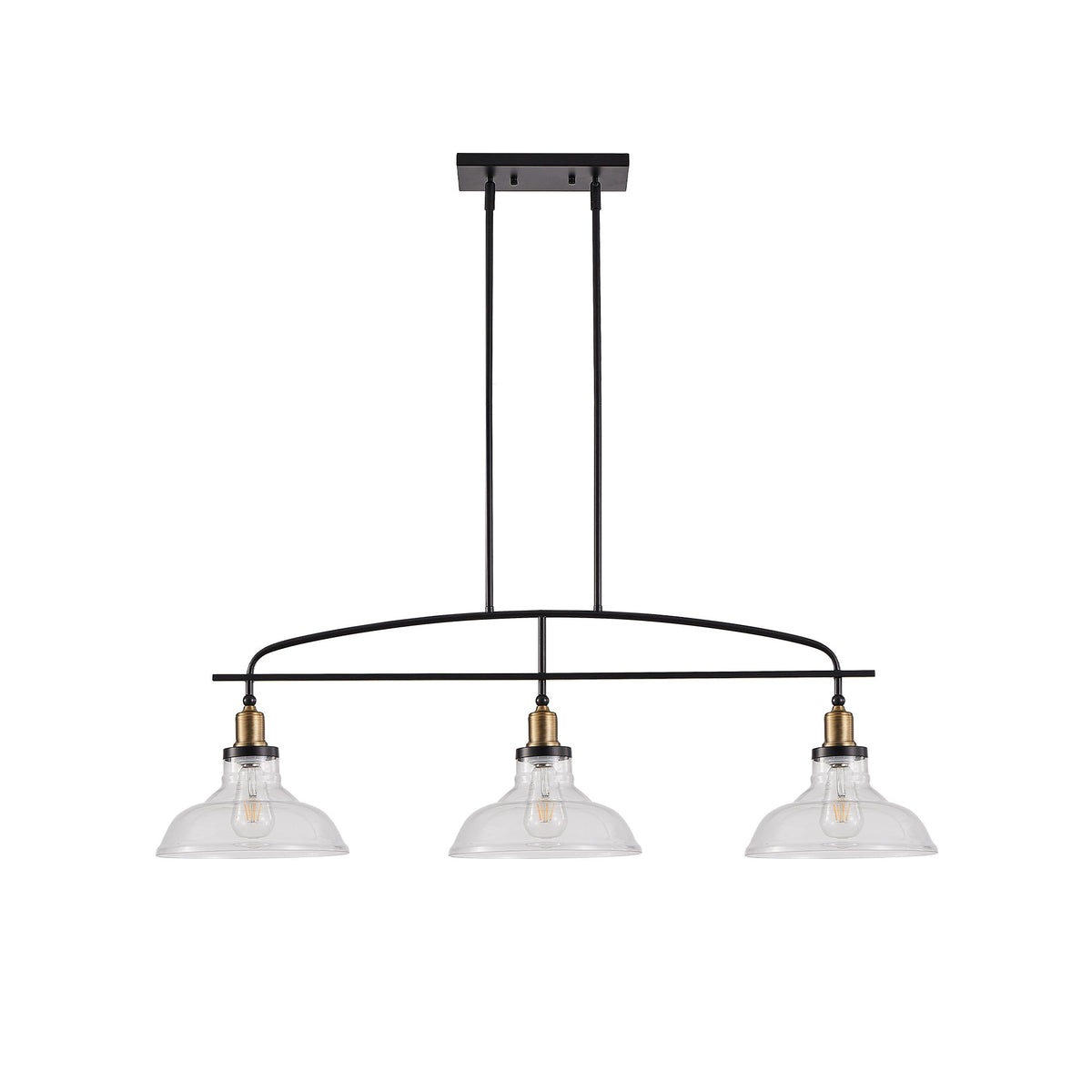 45" Industrial 3-Light Pendant Chandelier with Clear Glass Shades, Black Metal Frame, Adjustable Height