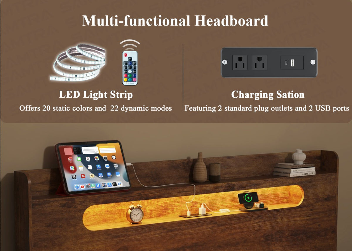 Bed Frame King Size, Wood Platform Bed Frame with Storage LED Light Headboard and 2 USB, Noise Free