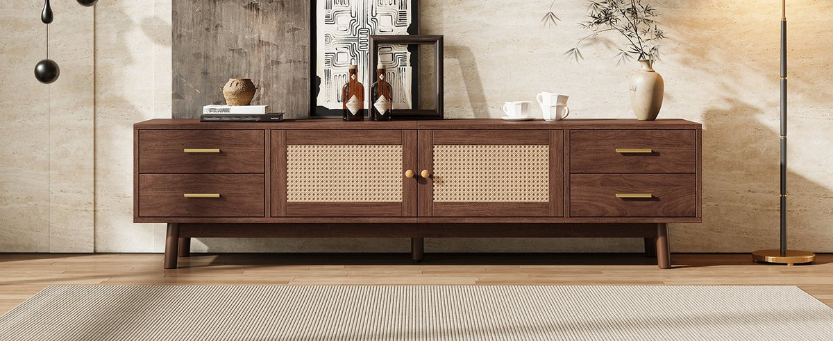 70inch Modern TV Stand with Rattan Doors for TVs up to 80in, Dark Brown Media Console with 4 Drawers & Cable Holes, Solid Wood Legs