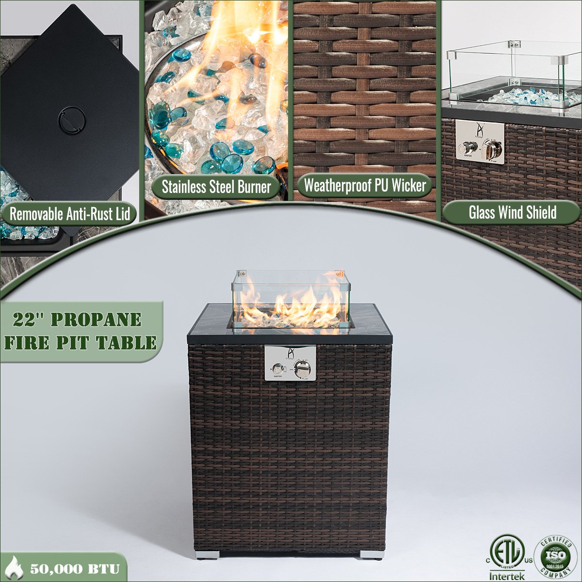 22" Propane Gas Fire Pit Table, 40000 BTU Square Steel Fire Pit with Beautiful Wicker Base for Outside Patio Deck Garden Backyard-Black