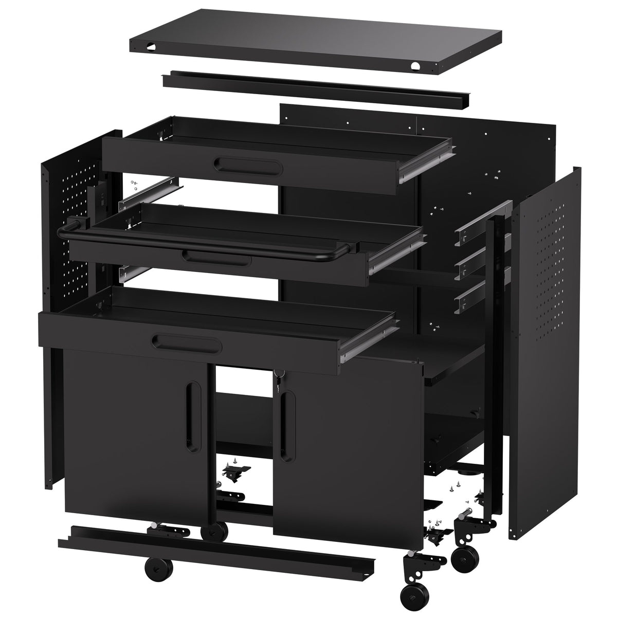34.3" Rolling Metal Tool Cabinet - Heavy Duty Garage Storage with Lockable Doors & 3 Drawers, Mobile Workbench Organizer for Garage, Workshop, Home