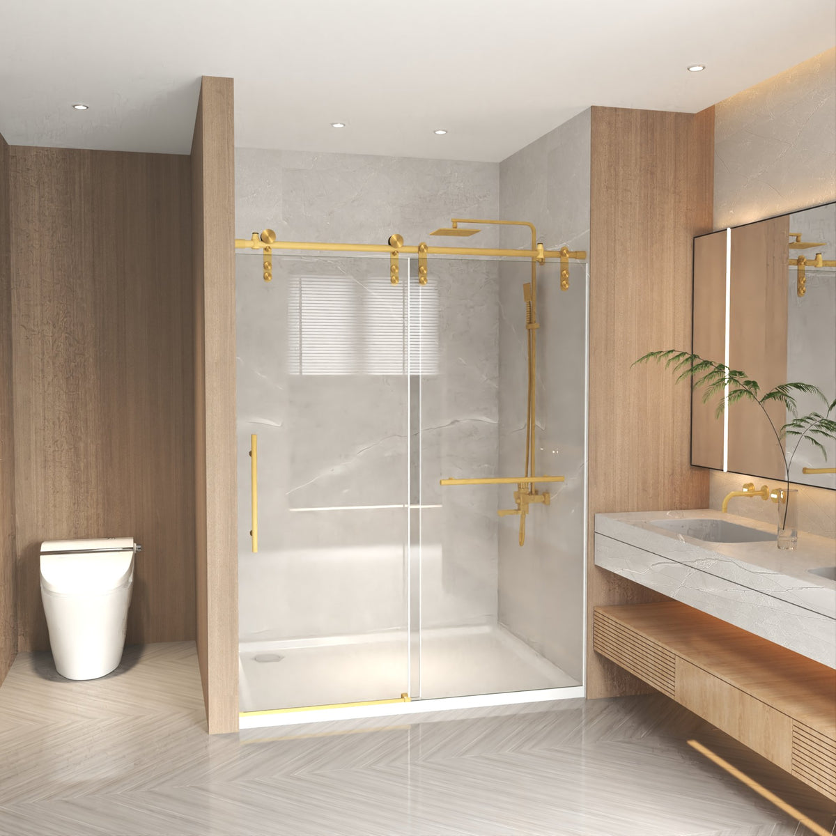 44-48" x 76" H Frameless Sliding Shower Door, 5/16" Clear Tempered Glass, Stainless Steel Frame, Brushed Gold