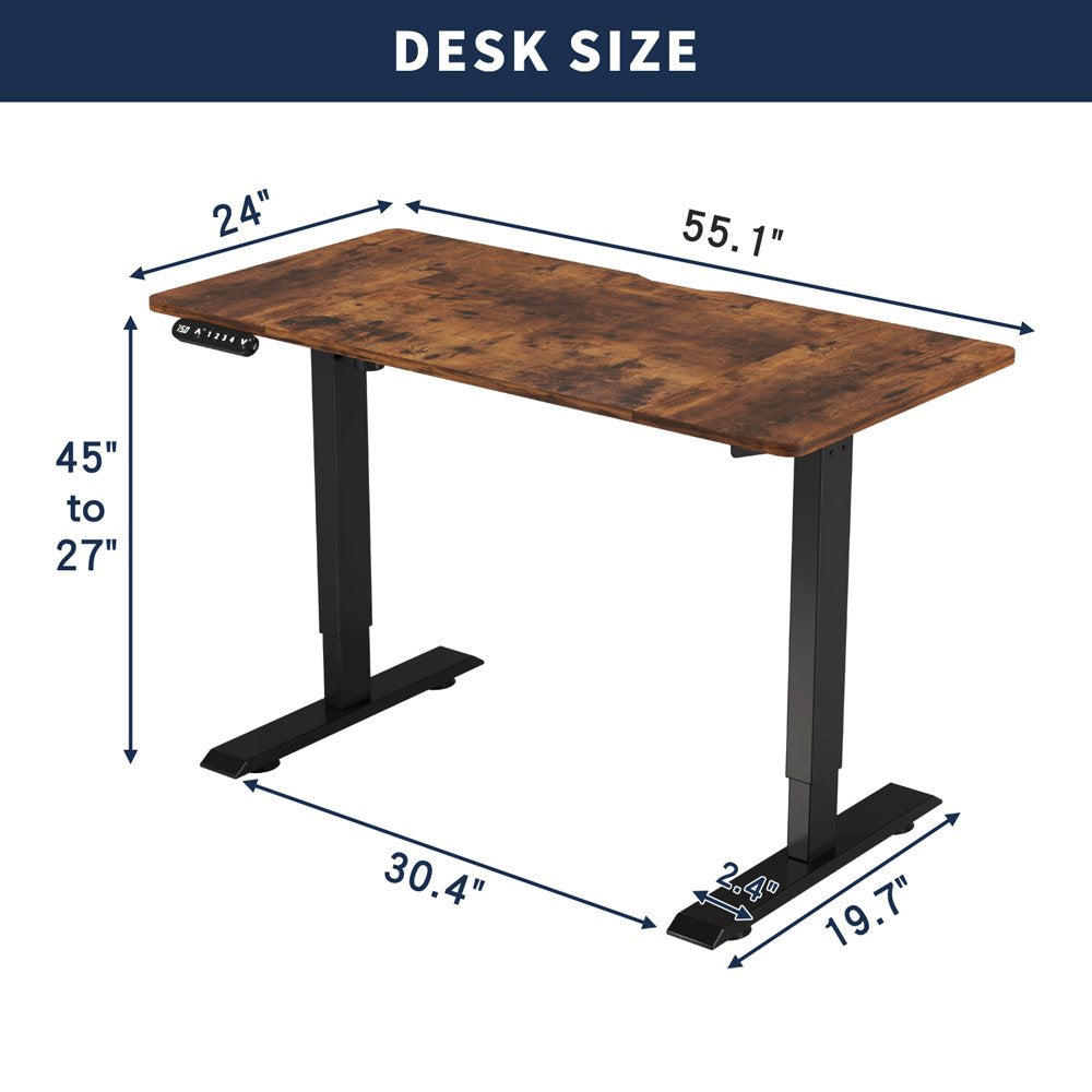 55'×24" Rustic Brown Electric Standing Desk Height Adjustable Desk for Home and Office Computer Table Gaming Desk Modern Lift-up Desk