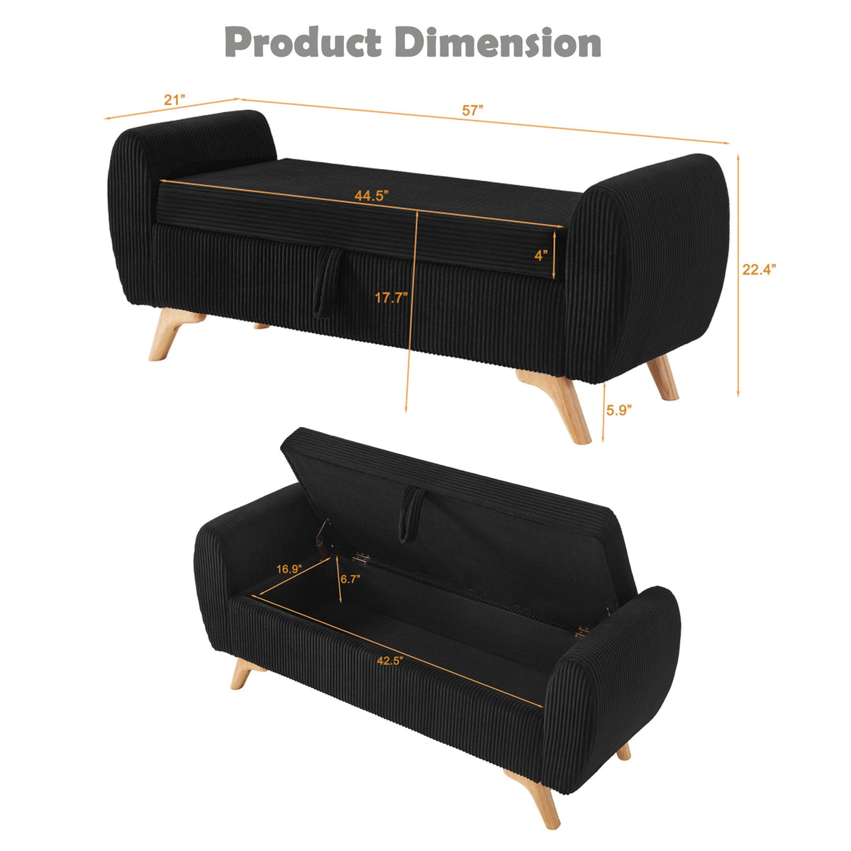 57"Modern Design Corduroy Upholstered with Storage Bed Bench,Wood Legs Bench for Bed Room,Hall Way Black