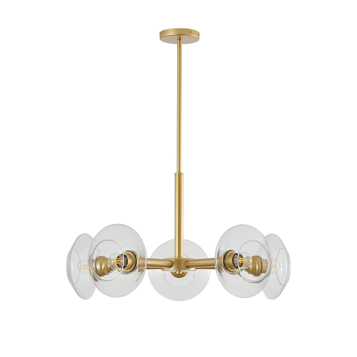26" Modern Gold 5-Light Sputnik Chandelier with Clear Glass Shades, Mid-Century Hanging Pendant Light Fixture