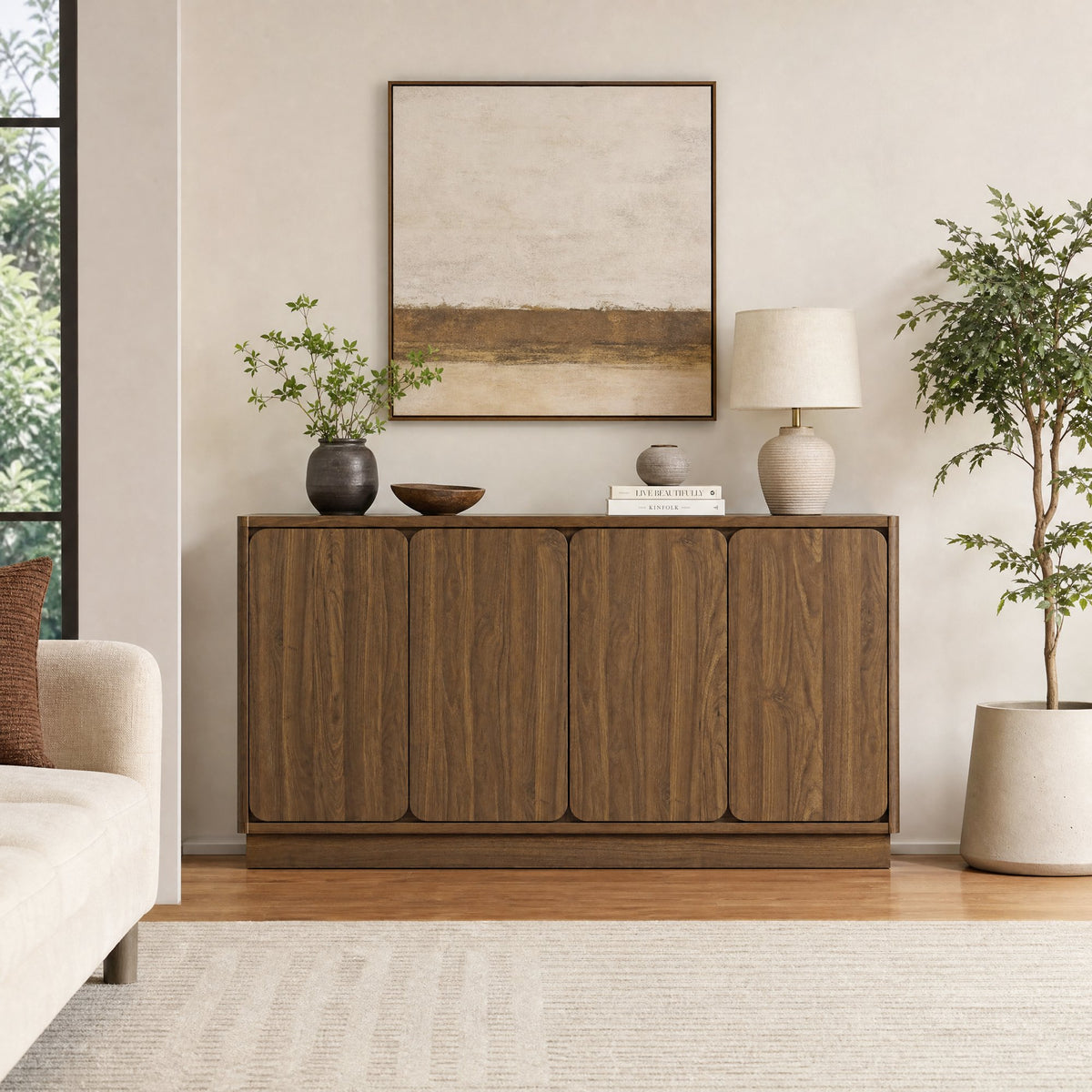 59.1 Inch Walnut 4-Door Sideboard Buffet Cabinet, Particle Board Storage Credenza with Adjustable Shelves, Wide Console Storage Cupboard for Dining Room, Kitchen, Living Room & Entryway