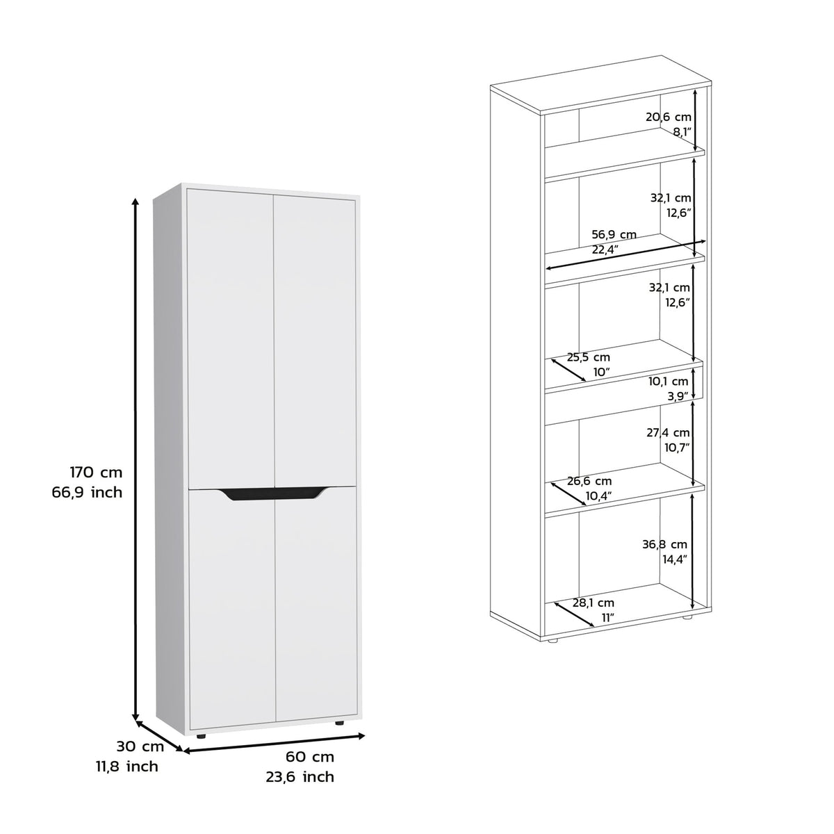 67"H Kitchen Storage Cabinet, with Four Doors and Five Interior Shelves,White/Black