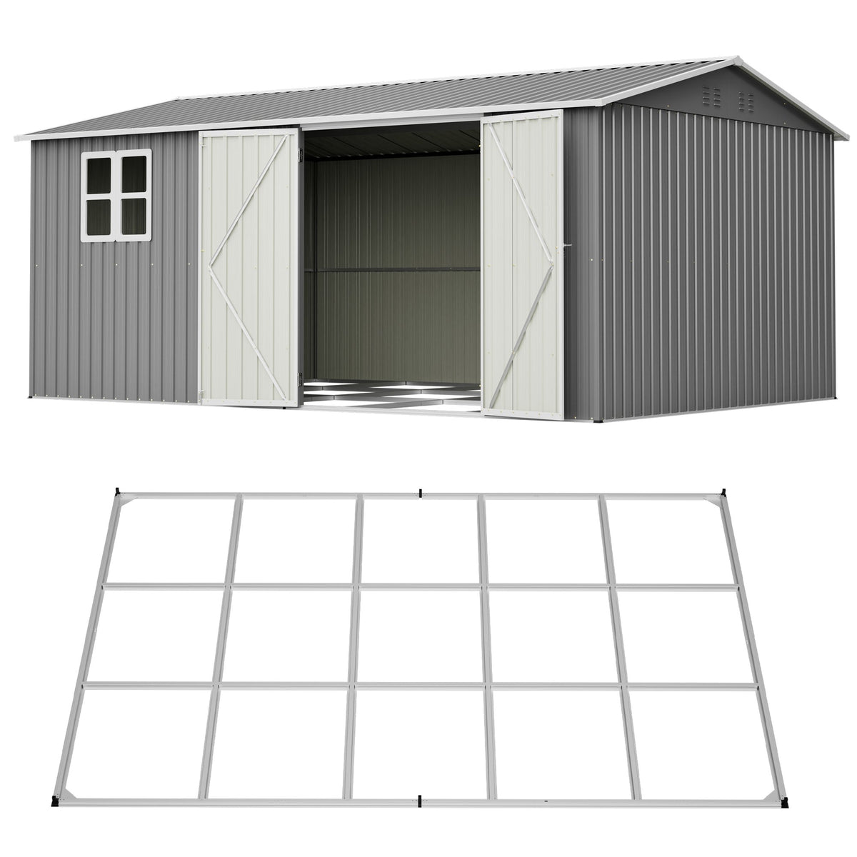 14x10 FT Outdoor Storage Shed, 780 cu.ft Large Metal Tool Shed with Built-in Foundation Frame, Double Doors & Air Vents, Galvanized Steel Sloped Roof – For Backyard, Patio, Poolside, Garden