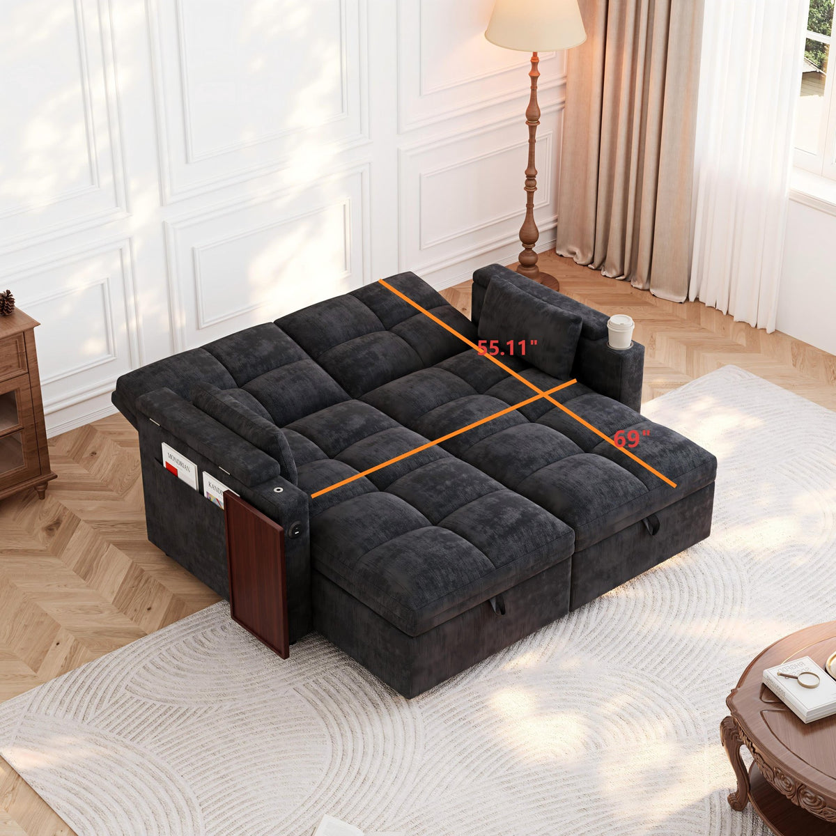 66.33" Modular Sleeper Sofa with Double Storage Chaise, 5-Position Adjustable Backrest, USB Port, Foldable Side Tray & Cup Holder, Convertible Chenille Sectional Sofa Bed for Apartment Living Room, D
