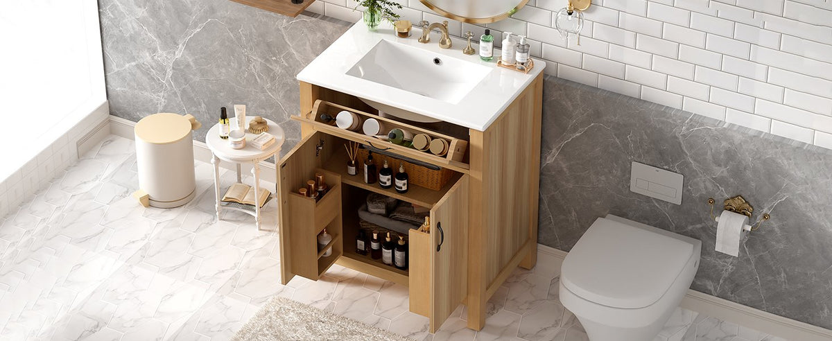 30" Wood Bathroom Vanity with Solid Wood Frame, 2 Soft Close Doors,1 Flip Drawer, Adjustable Shelf, Modern Storage Cabinet