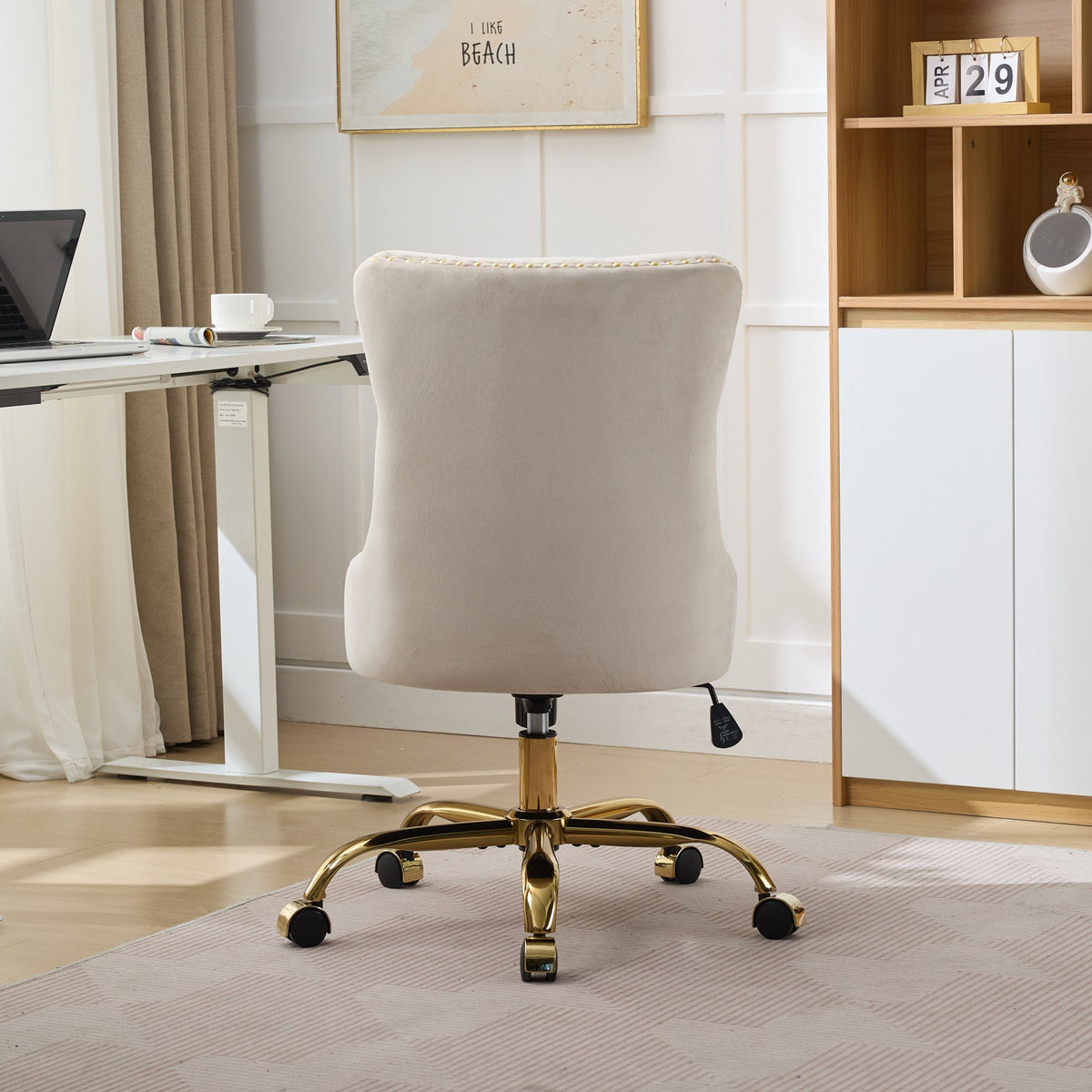 A&A Furniture Office Chair, Modern Velvet Upholstered Tufted Button Home Office Chair with Golden Metal Base - Beige