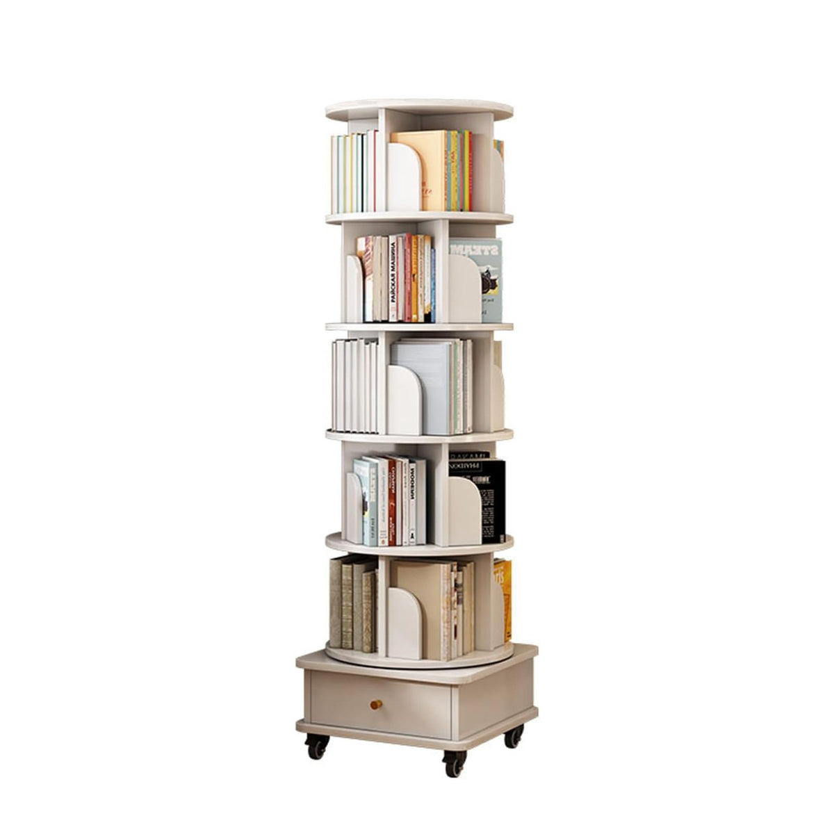 6 Tier Rotating Bookshelf, 360° Display Round Spinning Bookshelf with Wheels and Drawer, Space-Saving, Small Space Rotating Bookshelf Tower – Red