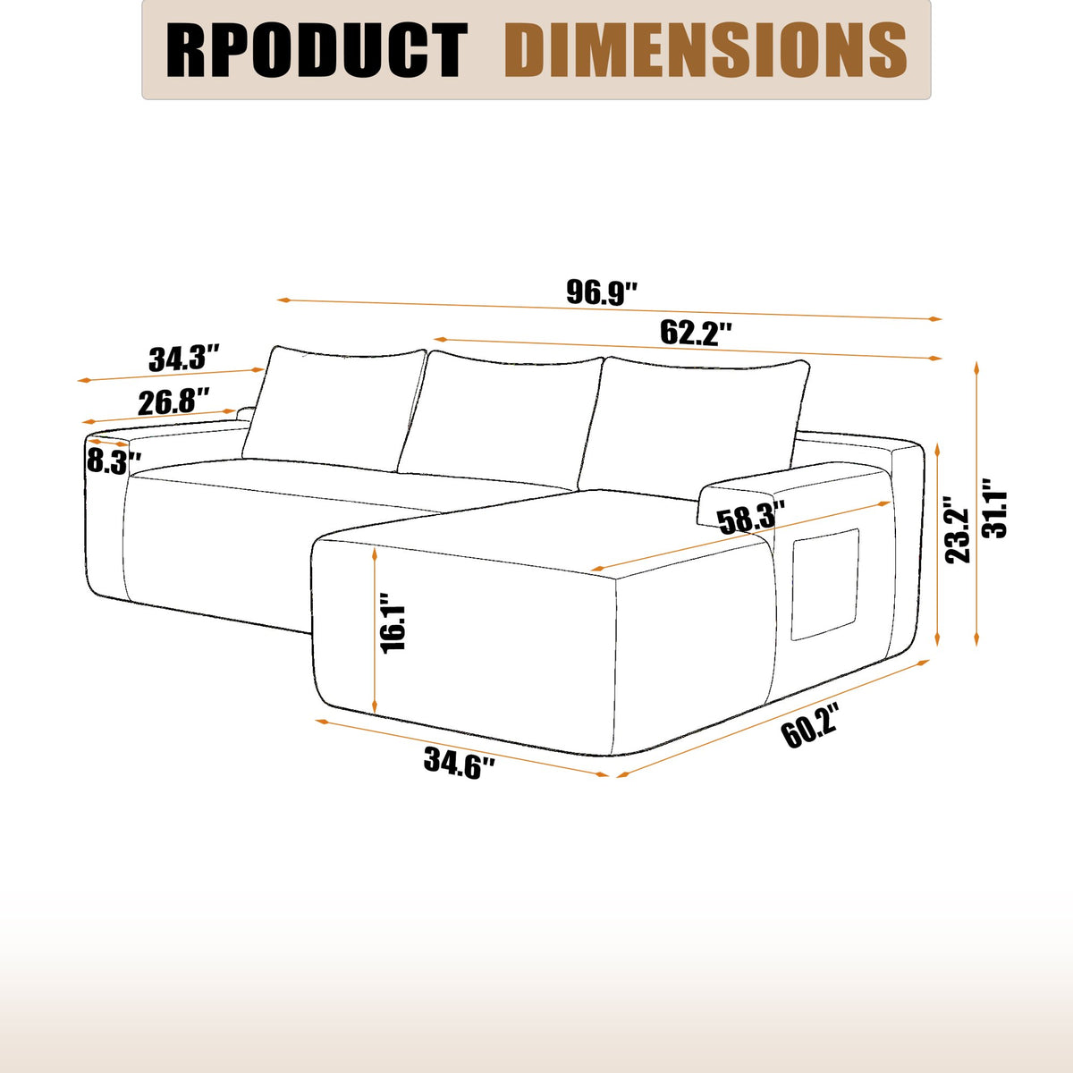96.9'Compressible doubleCloud Sectional Couch with L-Shape Chaise, Modern Modular Sofa with Deep Seat, Upholstered Couches