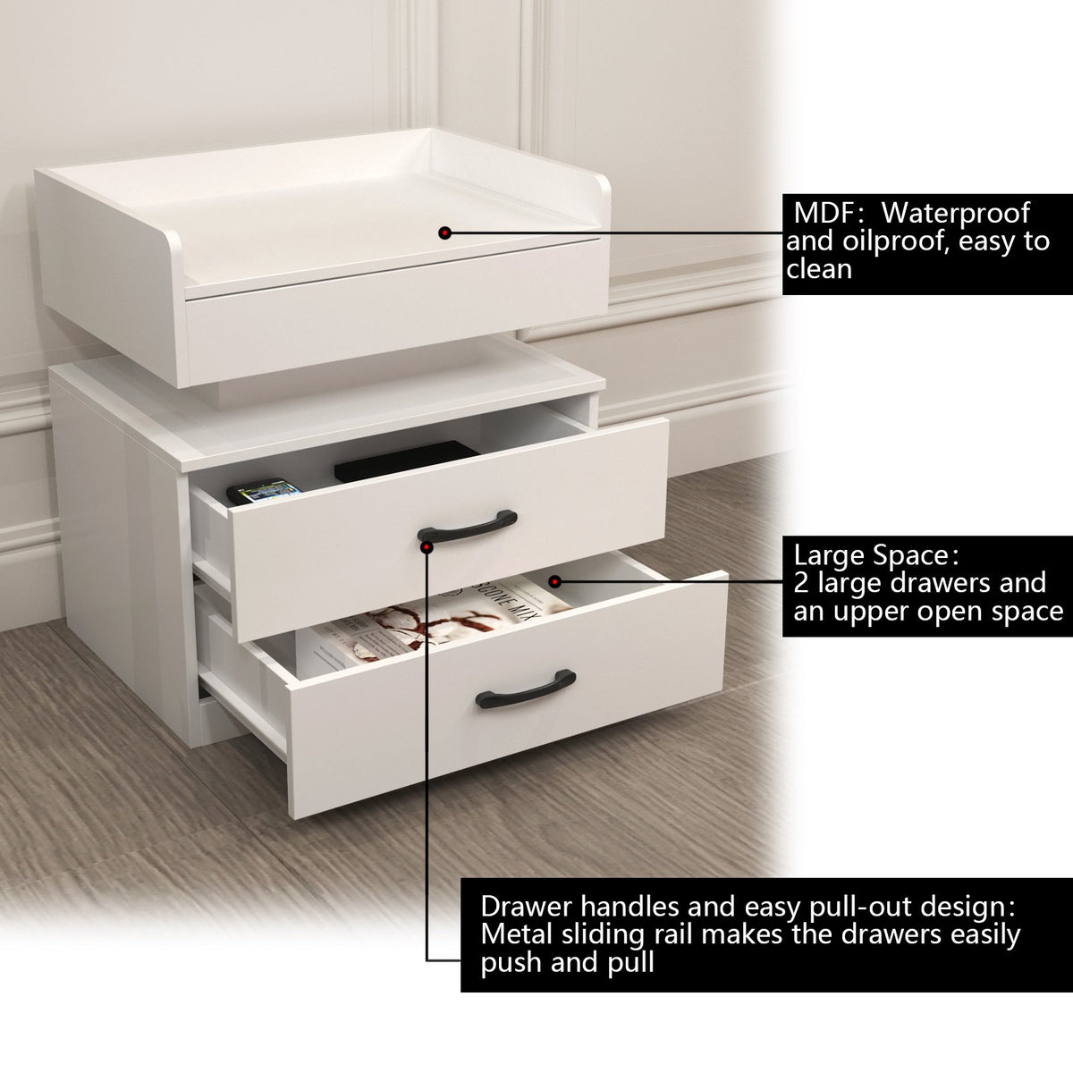 1 Set Nightstand with Adjustable LED Strip Light, 2-drawers, Large Storage Space, Suitable for Bedside Table, Coffee Table