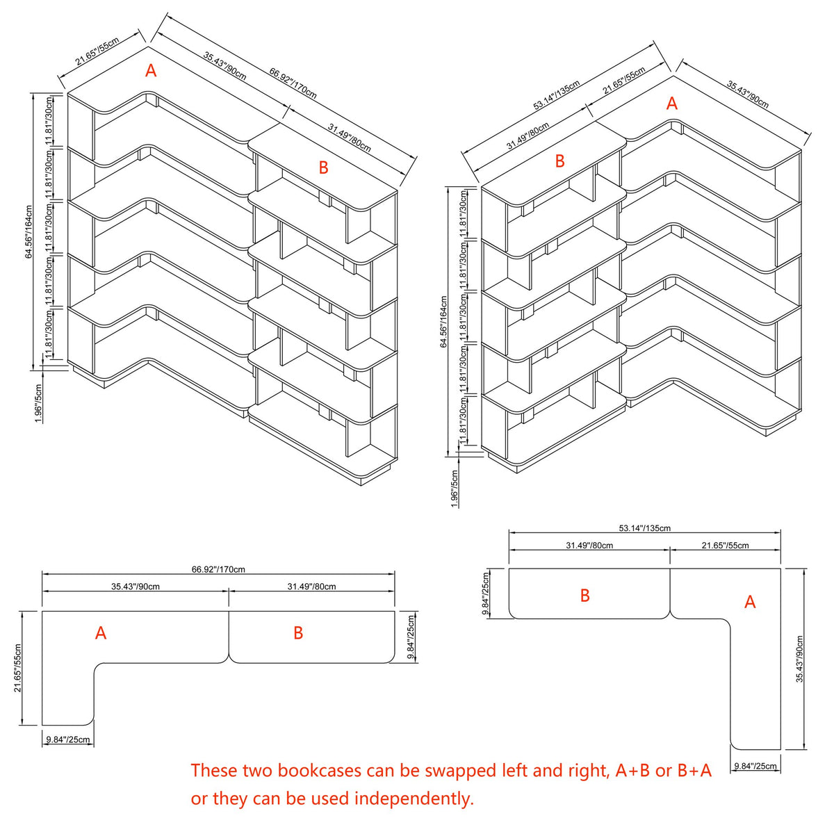 90 cm space saving corner bookshelf + 80 cm bookcase extendable free combination, set of 2 display shelf