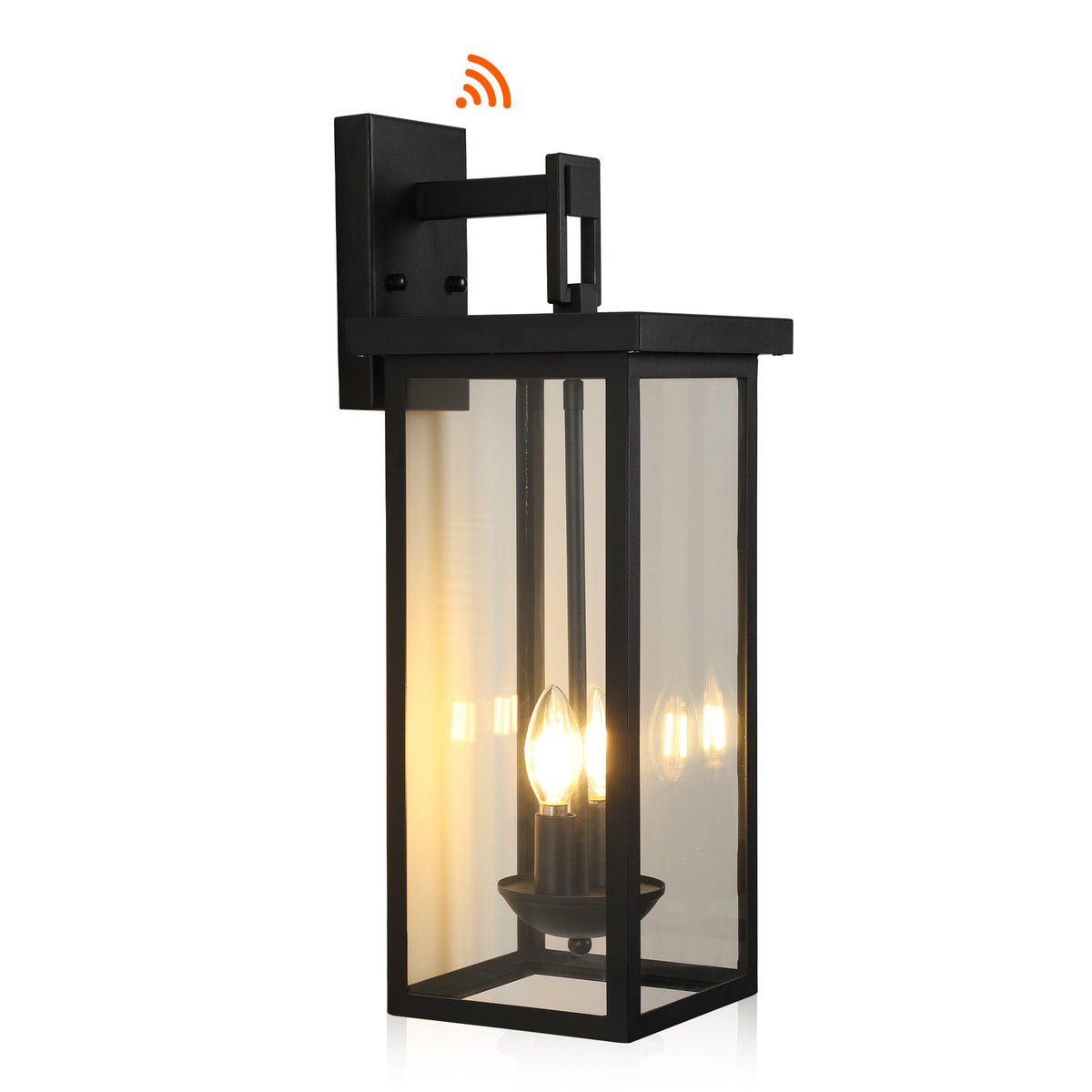 1-Pack 22.0" Outdoor Wall Lantern with Dusk to Dawn Sensor, Matte Black Finish, Clear Glass Panels, Weatherproof Exterior Light for Porch