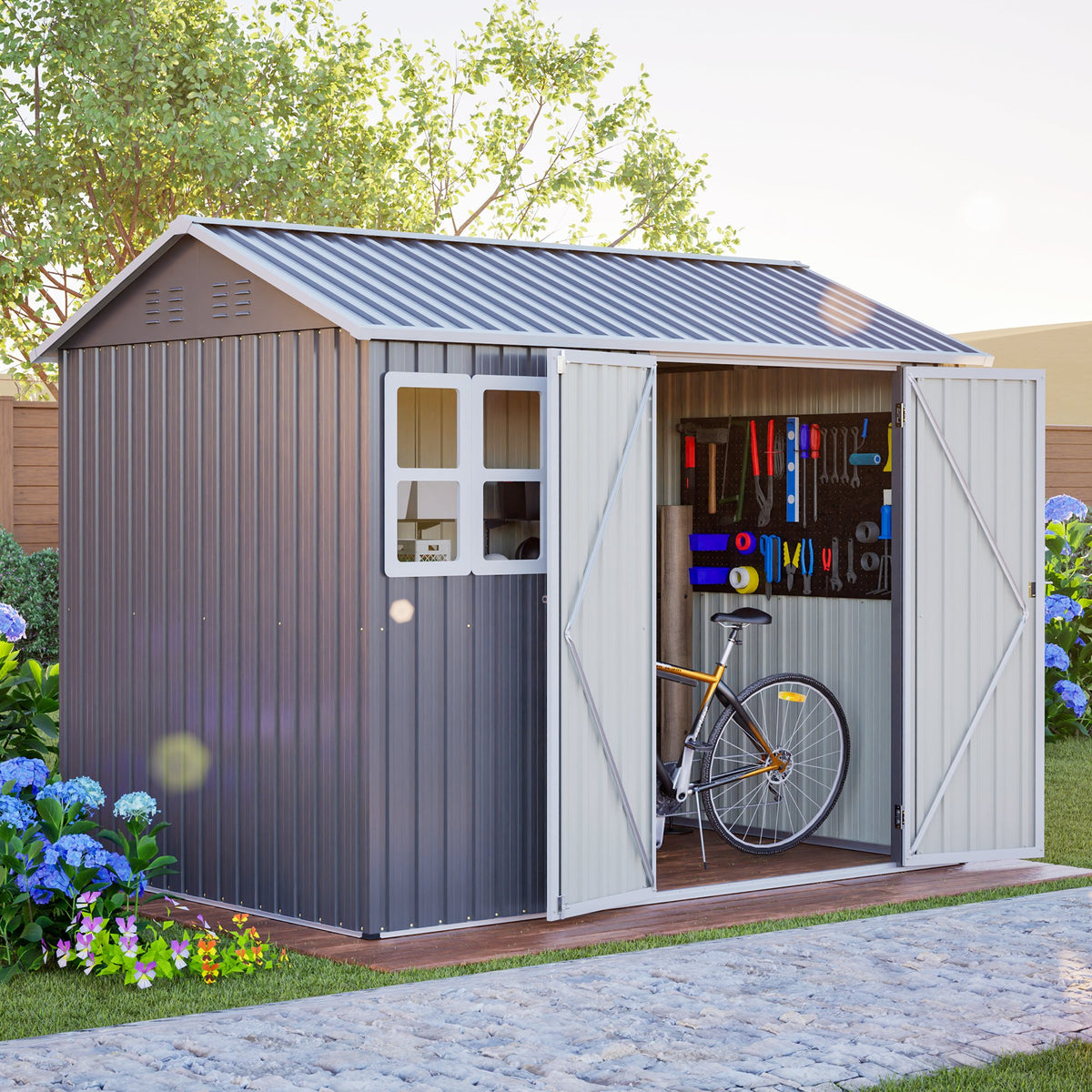 8'x6" Large Steel Storage Shed with Window, Lockable Doors & Sloped Roof, Heavy Duty Outdoor Tool Shed, Lawn - Dark Gray
