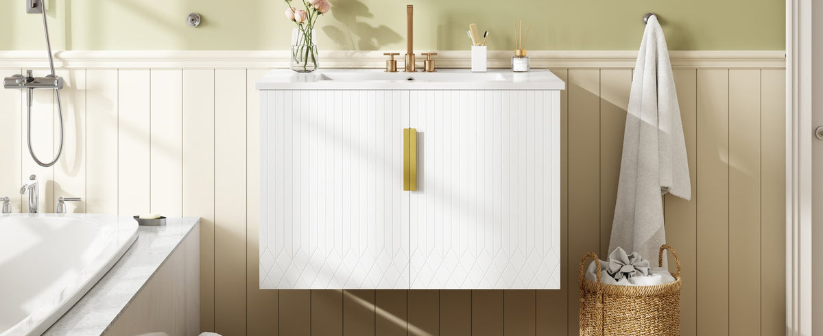 30" Vintage Bathroom Vanity with Ceramic Sink, with 3 Holes Single Ceramic Sink, Bathroom Storage Vanity Cabinet with 2 Soft Closing Doors