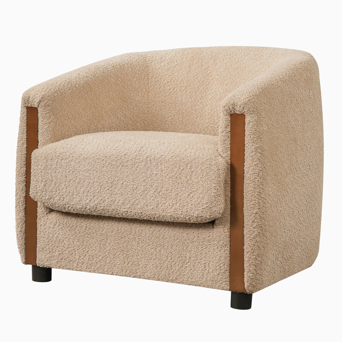 31.8" Modern Curved Barrel Accent Chair with Vertical Solid Wood Side Panels, Plush Textured Teddy Fleece Upholstered Armchair, Removable Seat Cushion Lounge Chair for Living Room Bedroom Entryway