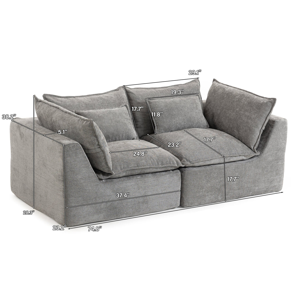 74.8" Width Cloud Couch Oversized Modular Sectional Sofa True Relax Comfy Couches Wide&Deep Seat Sofas for Living Room Furniture Sets, 2Seat