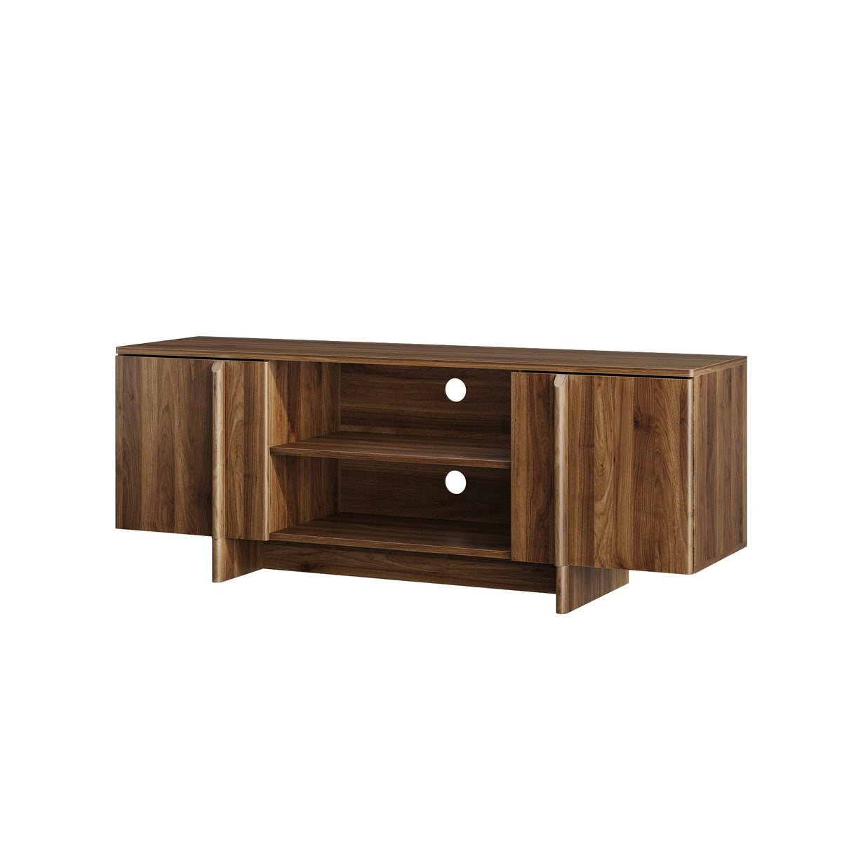 55-Inch Mid-Century Modern Farmhouse TV Stand & Living Room Storage Cabinet – Entertainment Center with Cable Management, Double Doors, and Open Shelving (Fits TVs up to 48 Inches) – Walnut Finish