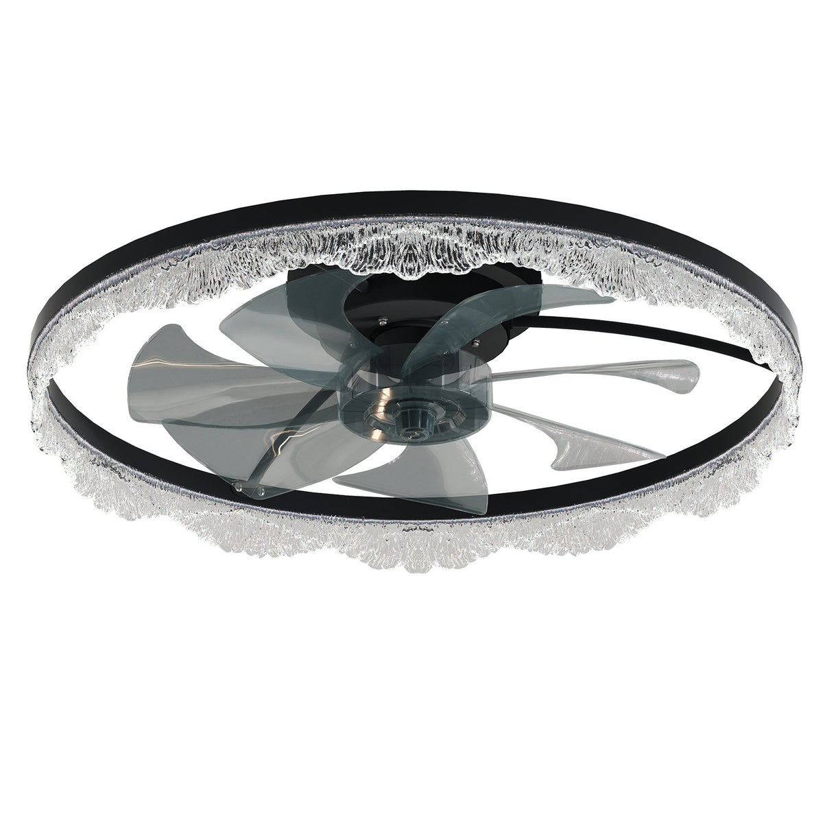 24" Decorative LED Ceiling Fan Light - Modern Flush Mount with Acrylic Ring, Hidden Blades, Remote Control - Black