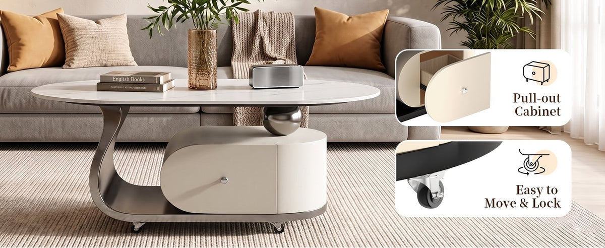 39.4" Sintered Stone End table with Drawer, Stainless Steel Base & 4 Lockable Casters, Modern Mobile Oval Coffee Table for Living Room, Easy Assembly (Gray)