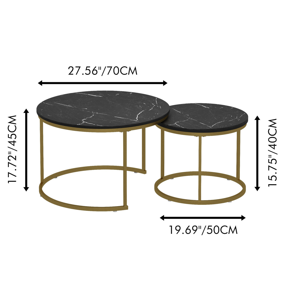 27.6in Nesting Coffee Table Set of 2, Round Coffee Table Wood Marble Pattern Top with Sturdy Metal Frame - Black