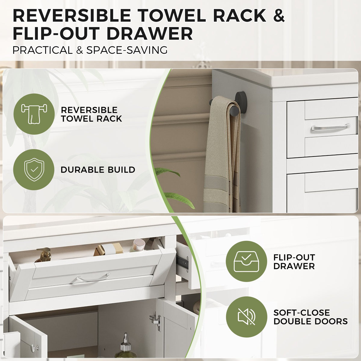 48" White Bathroom Vanity with Ceramic Sink – 6 Drawers (3 Each Side), Center Flip-Out Drawer, Soft-Close Double Doors, Reversible Side Towel Rack, Silver Handles, MDF