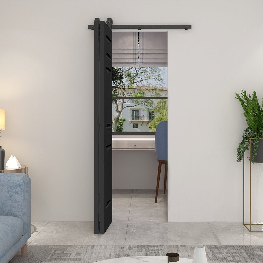 24 in. x 80 in. 6-Panel Black Painted MDF Composite Bi-Fold Barn Door with Sliding Hardware Kit