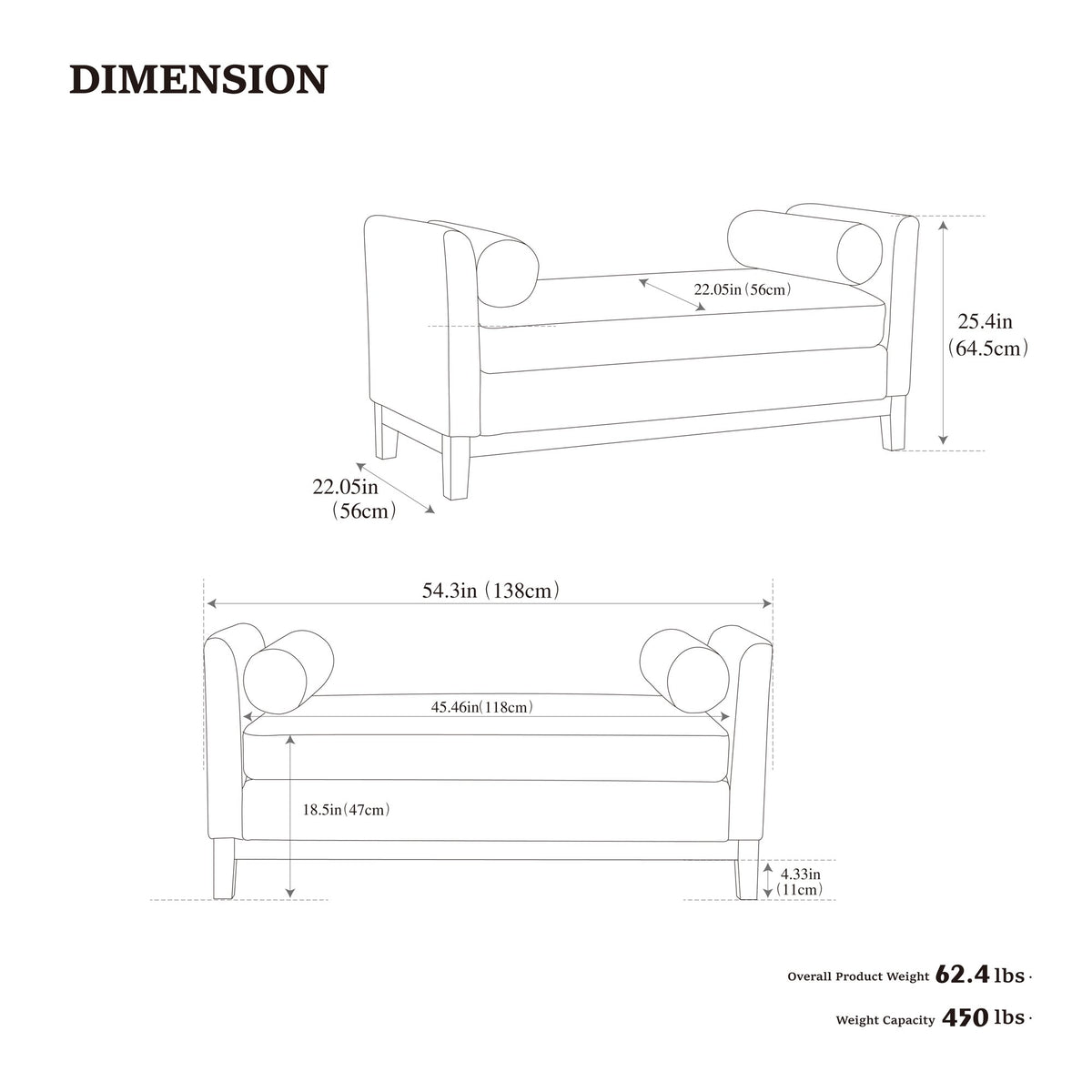 54.3" W Elegant Upholstered Bench, Ottoman with Wood Legs & 2 Bolster Pillows for End of Bed, Ivory