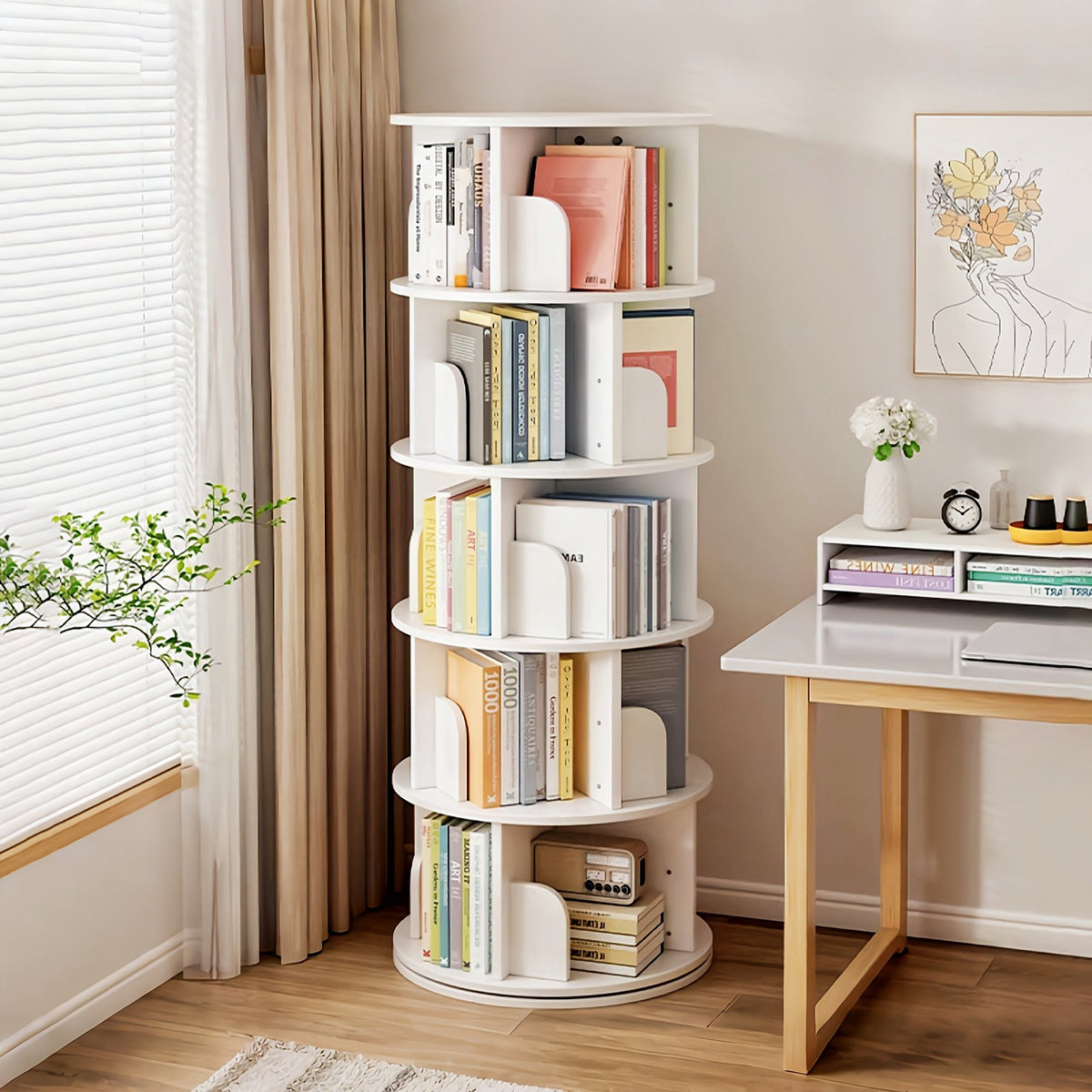 5 Tier Rotating Bookshelf, 360° Display Round Spinning Bookshelf, Space-Saving, Small Space Rotating Bookshelf Tower, Warm White