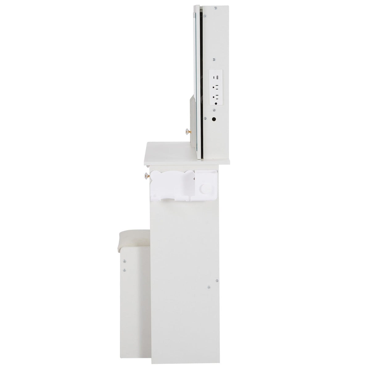 29.2" Small Size Left Drawer Desktop Vanity Table + Cushioned Stool, 2 AC+2 USB Power Station, Hair dryer bracket