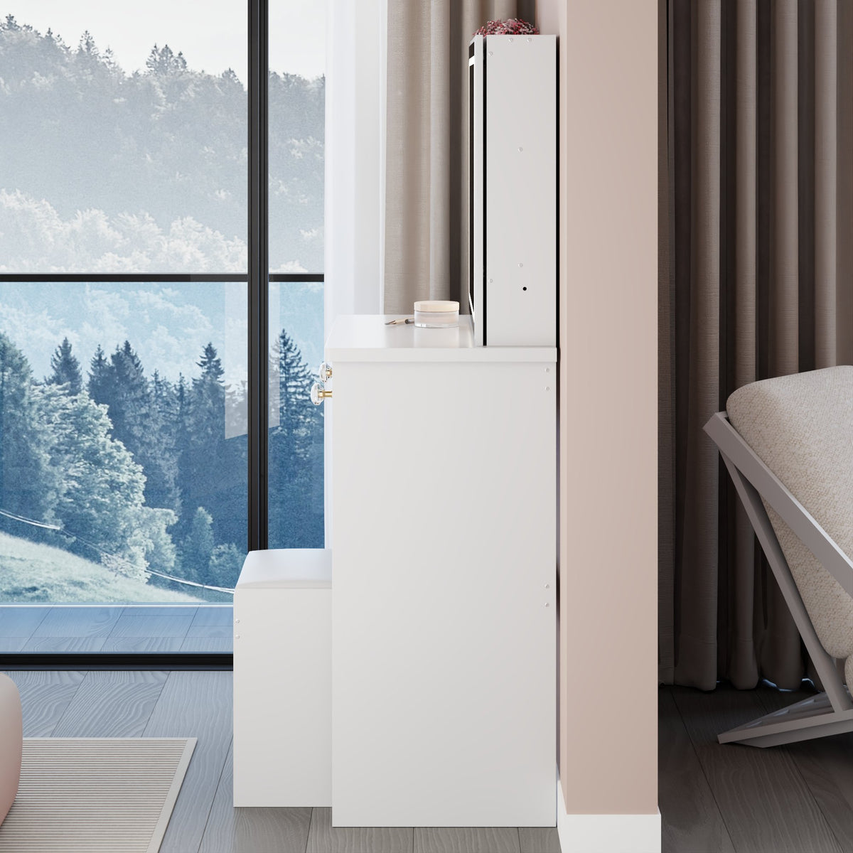 37" Left Bedside Cabinet Dressing Table + Cushioned Stool, Extra Large Right Sliding Mirror, Multi Layer High Capacity Storage