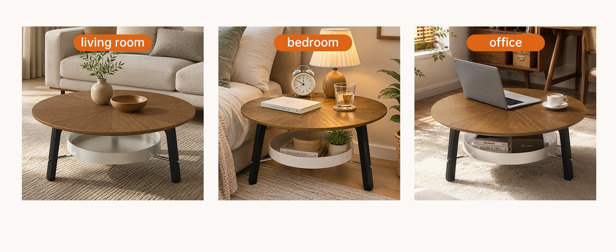 35.43" Round Coffee Table with Storage Shelf, Walnut Wood Grain Finish with Black Wood Legs, Modern Minimalist Center Table for Living Room, Farmhouse Accent Furniture for Small Spaces, Easy Assembly
