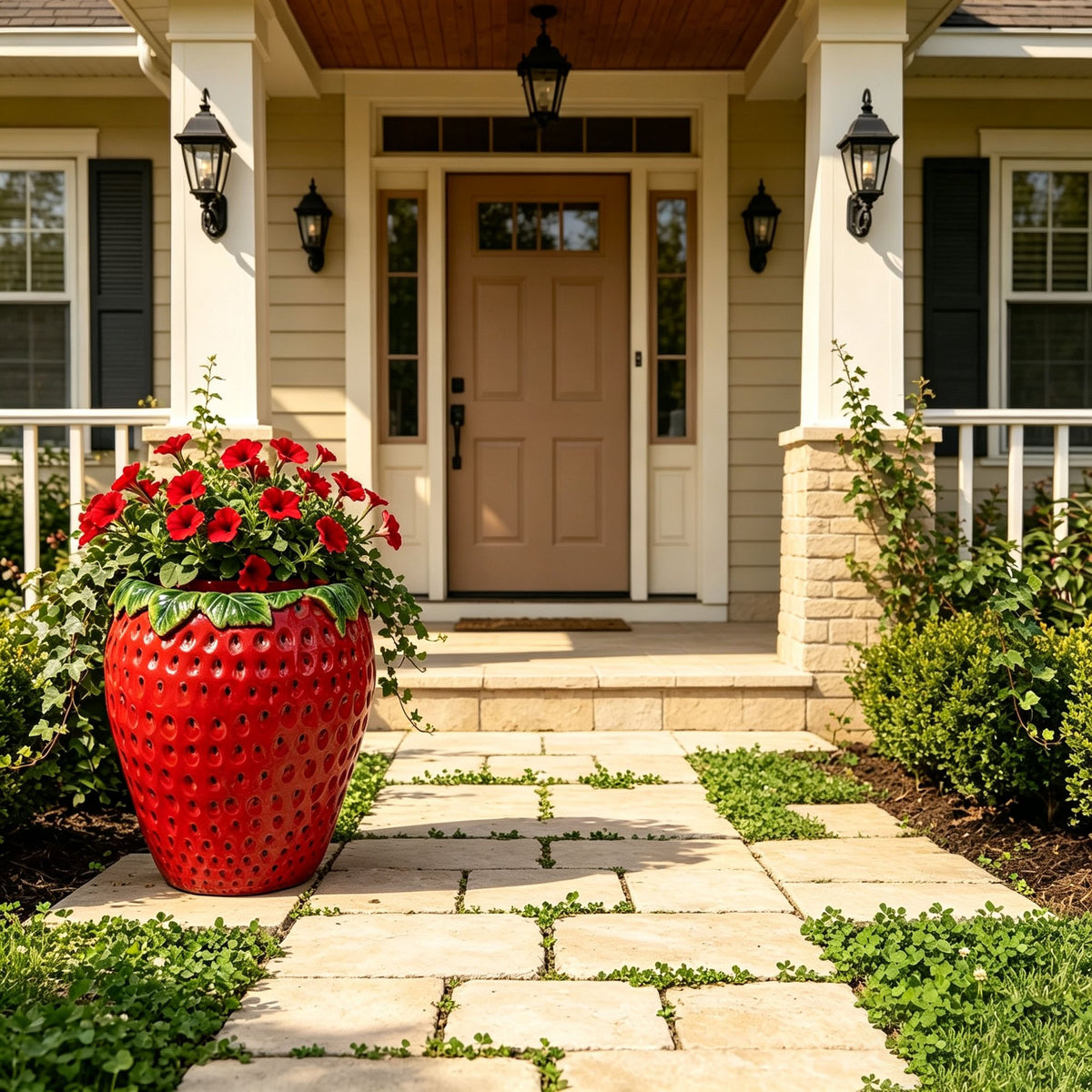 15'' tall Strawberry Shaped Planter Pot, Cute Fruit Decorative Flower Vase, Weather Resistant Outdoor Garden Planter for Patio Porch Yard Lawn Entryway Home Tabletop Decor