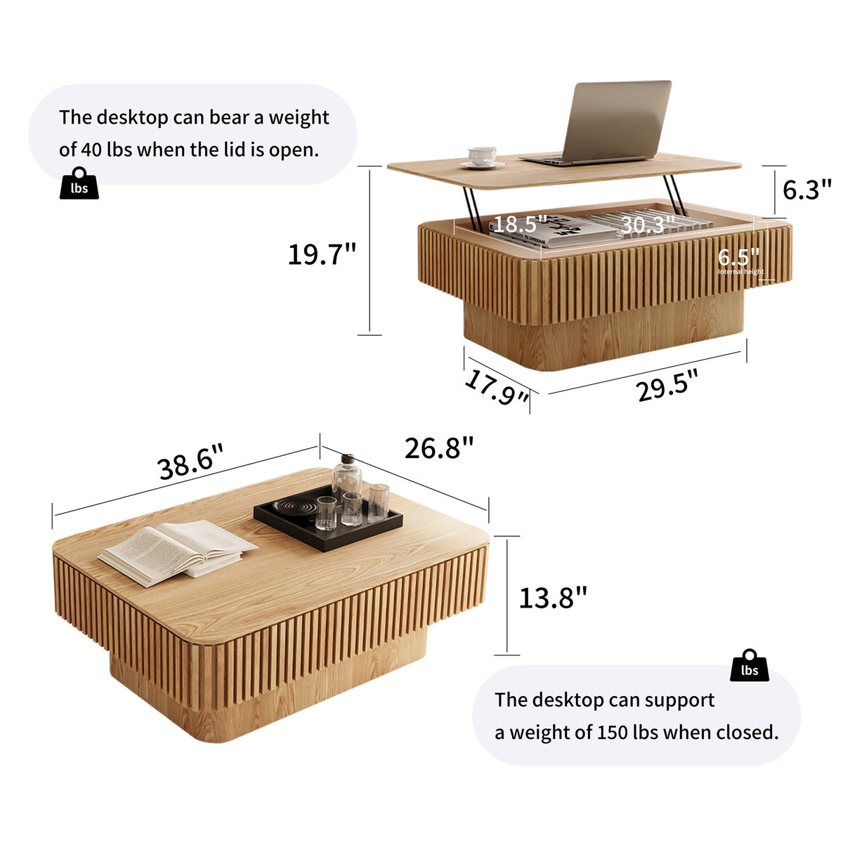 38.6'' Fluted Lift-top Coffee Table Solid Wood Veneered Modern Coffee Table Accent Tea Table with Storage and Adjustable Height