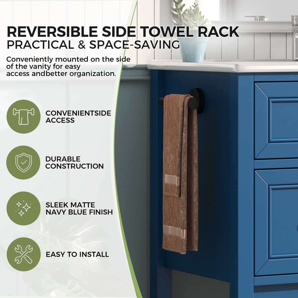 30" Navy Blue Bathroom Vanity with Ceramic Sink – Freestanding Storage Cabinet with Tip-Out Drawer, 2 Drawers & Open Slatted Shelf, Reversible Side Towel Rack, Silver Handles, MDF