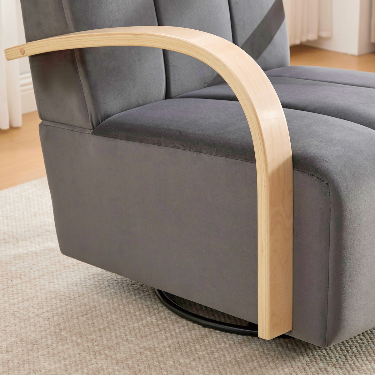 30.7"W Upholstered 360° Swivel Accent Chair with Solid Wood Armrests and Comfy Channel Tufted Lounge Reading Chair, Single Sofa Armchair for Hotel Bedroom Living Room Office and Bedroom. Charcoal