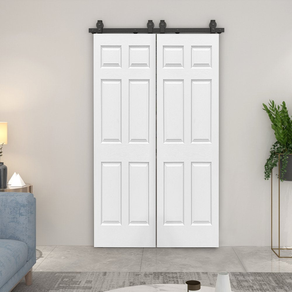 48 in. x 80 in. 6-Panel Primed MDF Composite Double Bi-Fold Barn Door with Sliding Hardware Kit