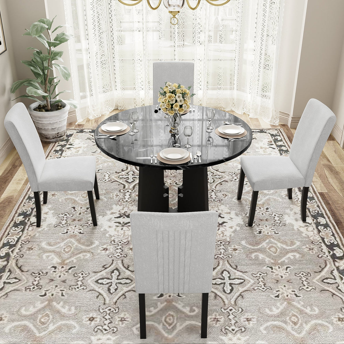 5-Piece Round Dining Table set, 43-Inch Modern Dining Table and 4 Upholstered Chairs, Kitchen Room, Easy Assembly
