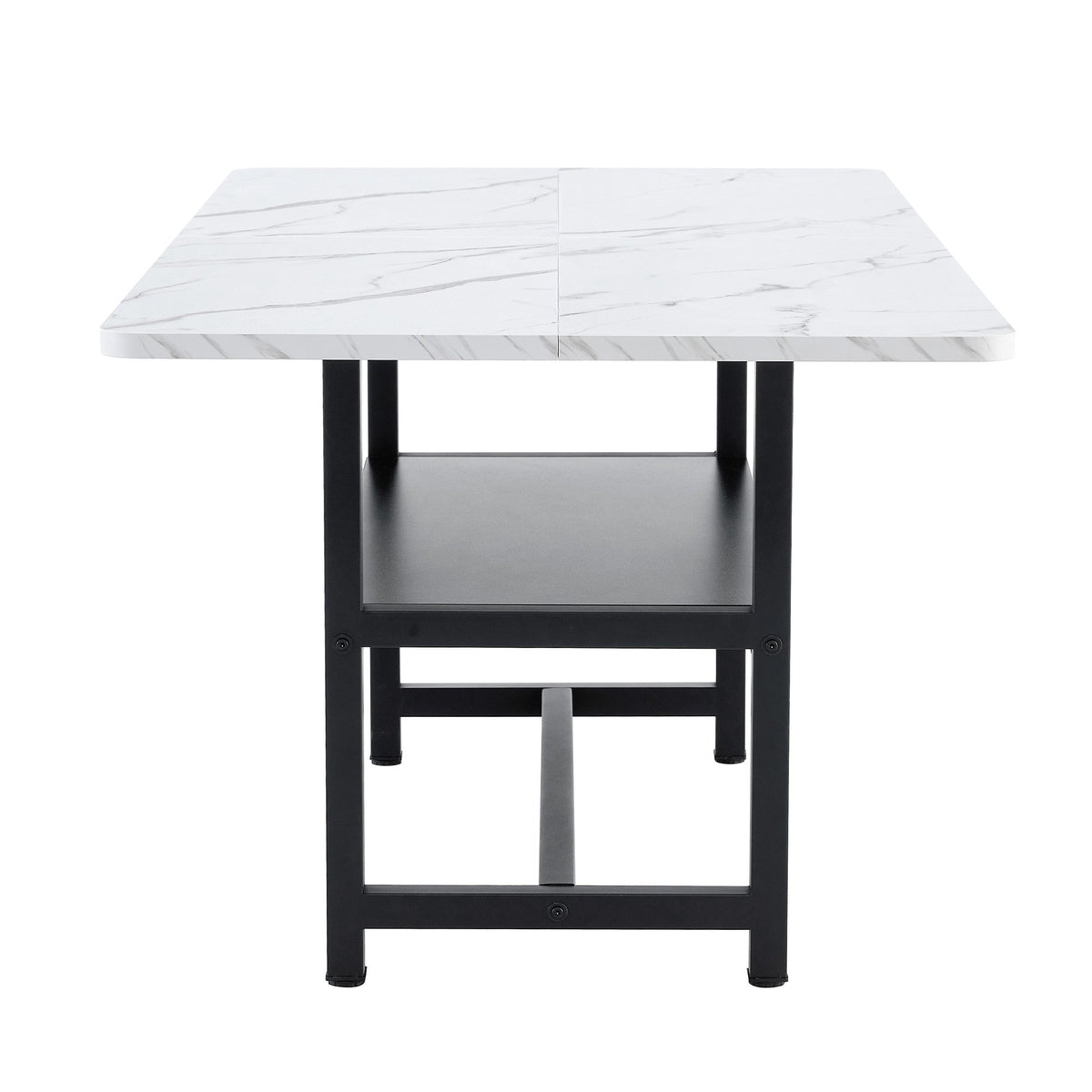 A 71 * 35.4 inch dining table with a tabletop cleverly pieced together by four white textured MDF boards. The desktop has a 43.3 * 19.7