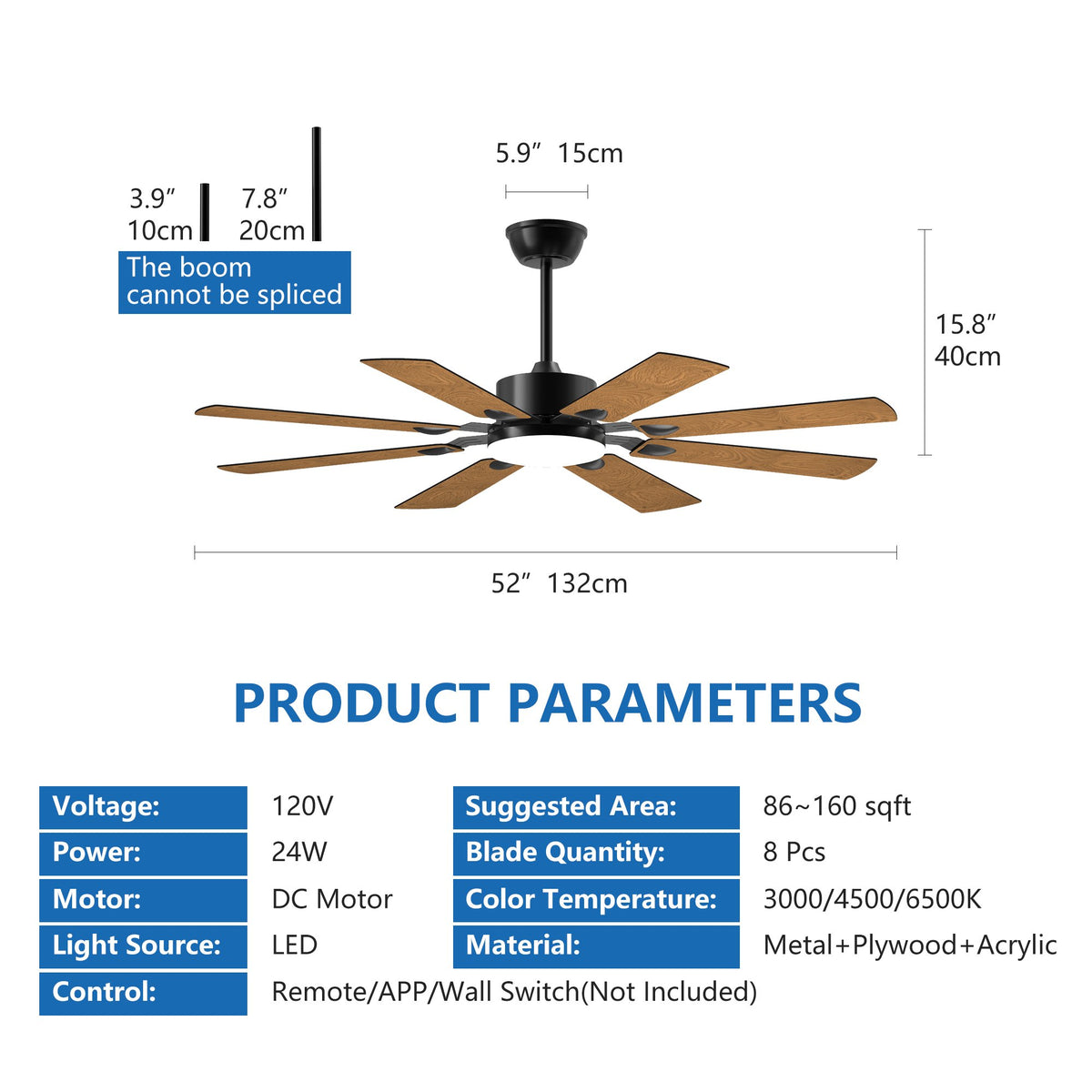52 Inch Ceiling Fan with Lights and Remote Control, 8 Plywood Blades, 6-Speed Noiseless Reversible DC Motor, 3CCT, Windmill Ceiling fan