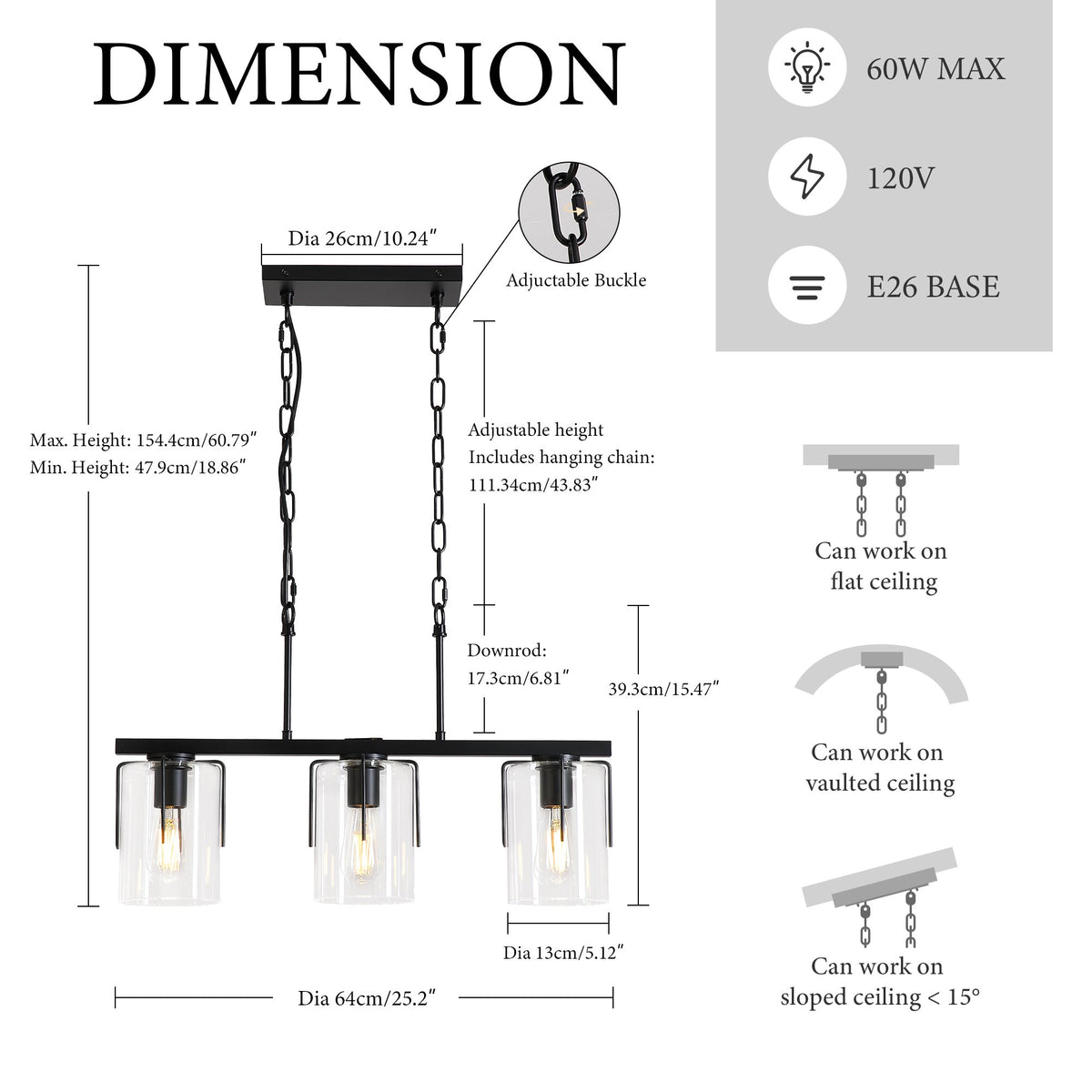 3-Light Matte Black Linear Pendant Light, Industrial Kitchen Island Lighting with Clear Glass Shades, Adjustable Chain Chandelier