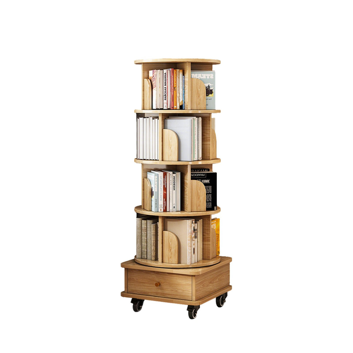 5 Tier Rotating Bookshelf, 360° Display Round Spinning Bookshelf with Wheels, Space-Saving, Small Space Rotating Bookshelf Tower, Wood Color