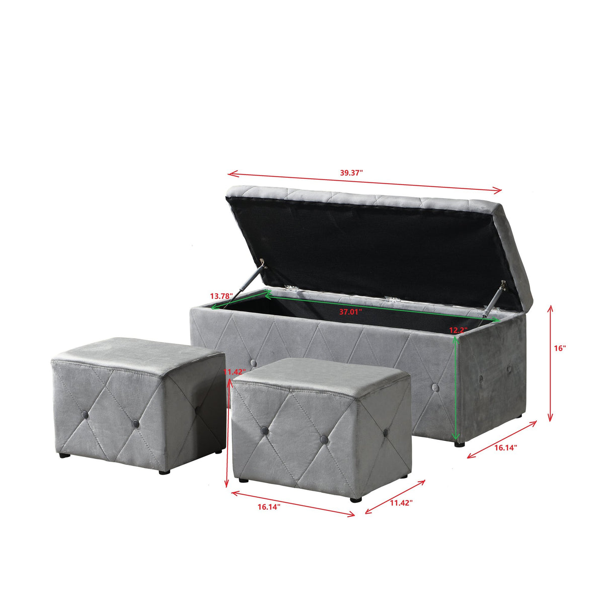 1 Piece Rectangular Storage Ottoman Short velvet with 2 Set Ottomans - Light Gray