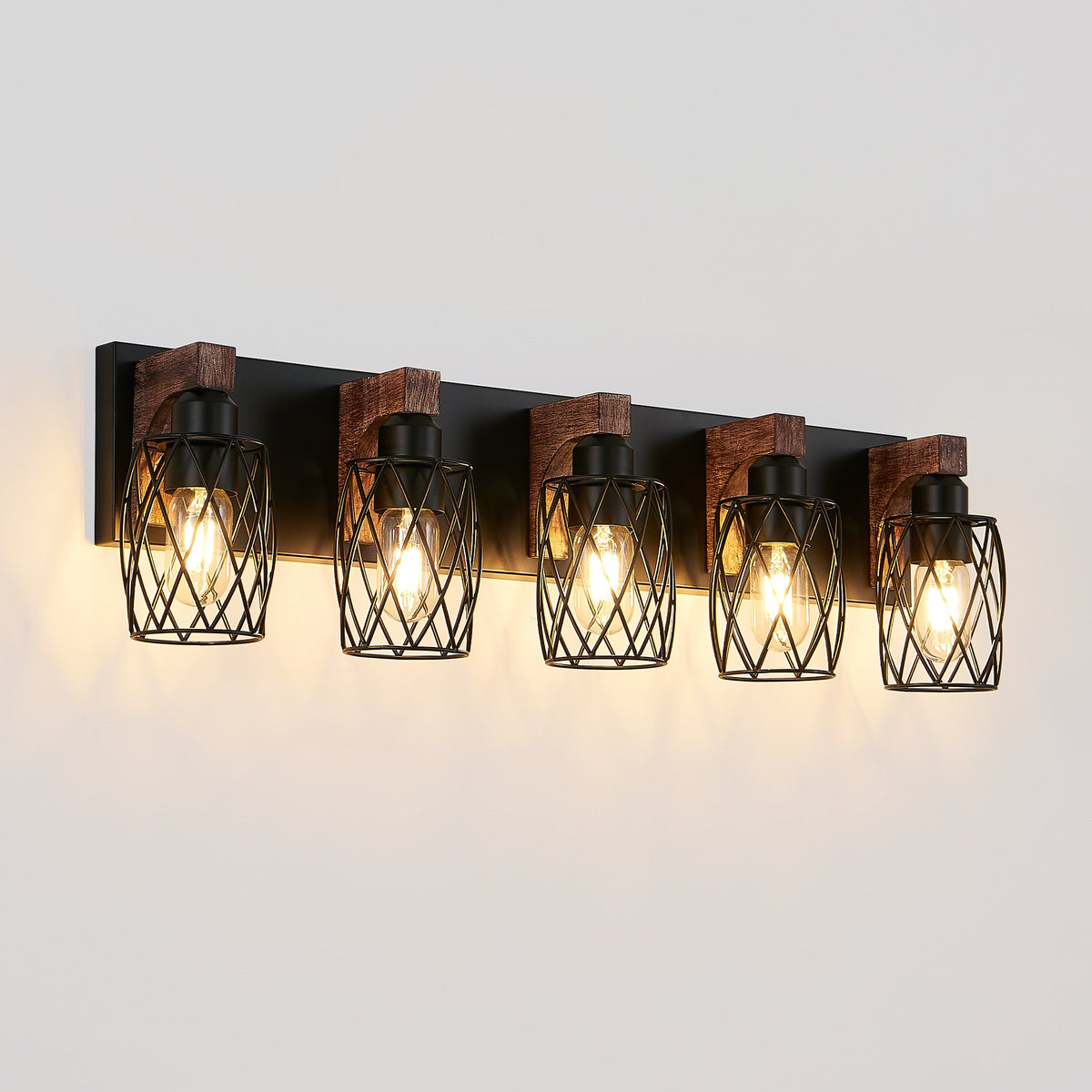 31" Industrial Vintage 5-Light Wall Sconce - Black Cage Wall Lighting Fixture with Wooden Accents, or Living Room (Bulb Not Included)