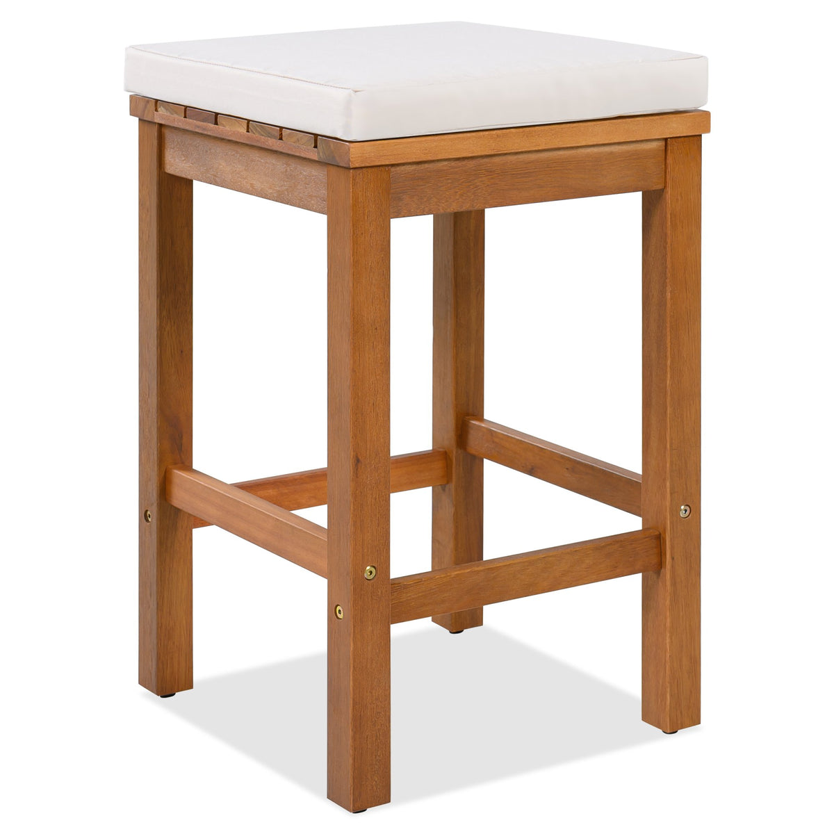 5 Piece Outdoor Bar Set, Patio Acacia Wood Bar Height Table & Four Stools with Cushions, Wood Dining Bar Set, Beige Cushion and Natural Wood